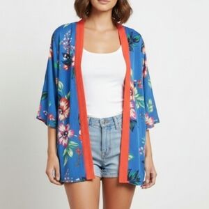 IMAN Blue and Red Floral Cardigan, Light Blazer, Cover Size Small